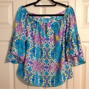 ALICE & TRIXIE by Alice George Size Medium 100% Silk Off Shoulder Top Jewel Tone